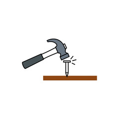 Hammer drives nail into wood plank, demonstrating construction or repair work with simple lines and bright colors, conveying precision and efficiency.