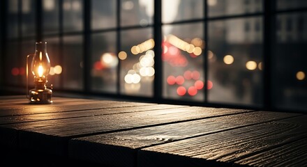 Rustic wooden table with an old-fashioned oil lamp glowing, set against a blurred city lights background