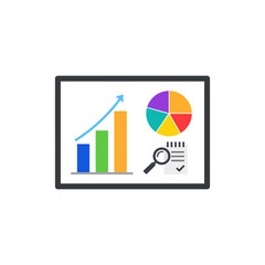 Business data analysis displayed on screen showing bar chart, pie chart, and magnifying glass for review, indicating growth and success.