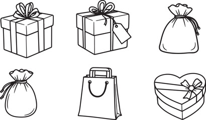 Collection of diverse present box and bag illustrations in black and white