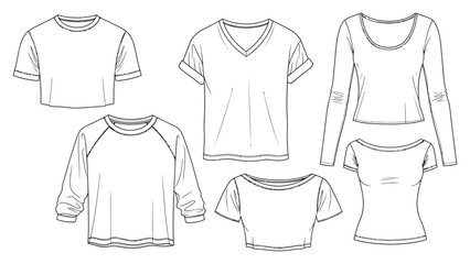Flat Fashion Sketch Set TShirts, VNeck, Long Sleeve, Crop Top on White Layout