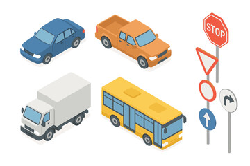 Isometric set of various vehicles and traffic signs elements