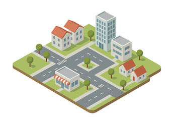 Isometric city block with mixed residential and commercial structures