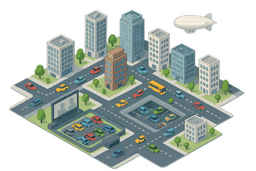 Isometric urban landscape with vehicles, architecture, and outdoor movie screen