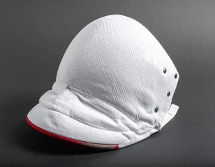 Close up of a White Fencing Mask with Rivets and Red Trim on a Dark Gray Background