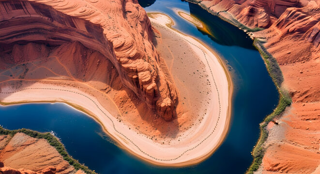 Iconic horseshoe bend arizona aerial view showcases dramatic red rock canyon and winding colorado river