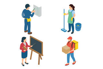 Obraz premium Isometric icons set of diverse service and professional workers