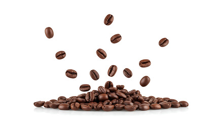 Obraz premium A cascade of roasted coffee beans falling from above onto a pile of freshly roasted coffee beans on a white background