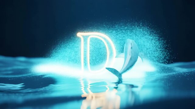 Dolphin swimming around a glowing letter d in dark blue water with light effects