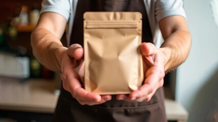 A man's hands are in close-up holding a mock-up of a coffee bag for advertising with a logo. He is wearing a dark apron and is standing in a cozy cafe setting. Moccap a bag of coffee.