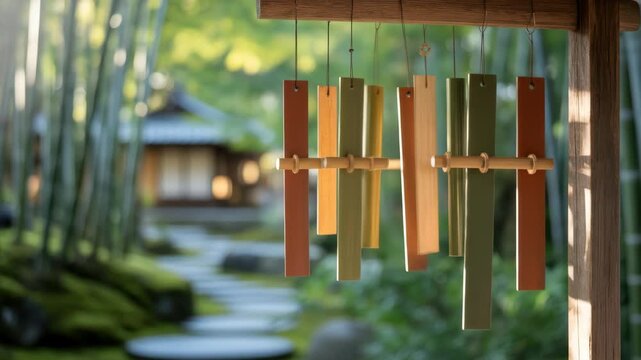 Bamboo garden scene with colorful wind chimes, soft focus, and traditional Japanese architecture