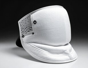 White Fencing Mask and Neck Protector on a Reflective Surface
