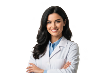 Professional woman in white lab coat smiling confidently with arms crossed isolated on transparent background