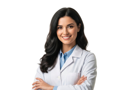 Professional woman in white lab coat smiling confidently with arms crossed isolated on transparent background