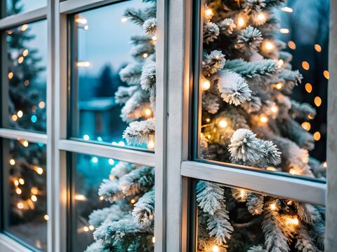 Snow-covered Christmas trees with warm lights seen through a window on a festive winter evening.