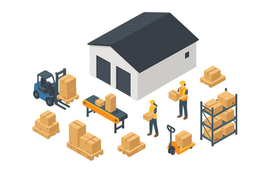 Isometric warehouse logistics with workers forklift and conveyor belt system