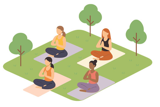 Diverse group of women practicing meditation in lotus pose on yoga mats outdoors