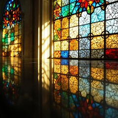 Sunlight streams through ornate stained glass windows creating colorful reflections