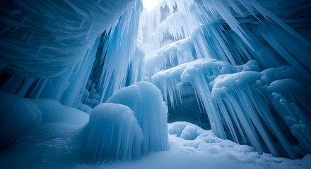 Majestic frozen ice cave formations with ethereal blue light filtering from above