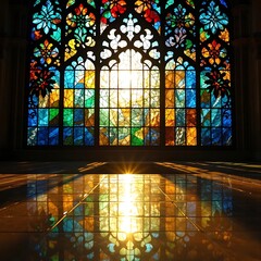Vibrant stained glass window illuminates reflective floor