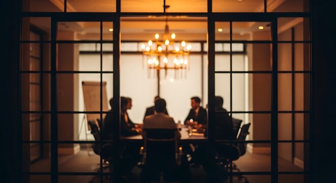 Anonymous executives in silhouette gather for a late-night strategy session in a dimly lit boardroom, symbolizing high-stakes corporate negotiation and decision-making