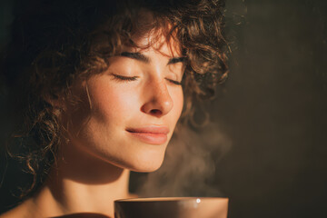woman enjoying tea with eyes closed