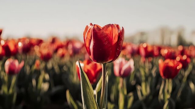 Close-up shot of a vibrant red tulip in a field of tulips, a perfect scene of nature's beauty