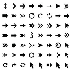 Comprehensive collection of versatile black arrow icons and pointers, ideal for enhancing navigation, indicating direction, and designing intuitive user interface elements in digital projects