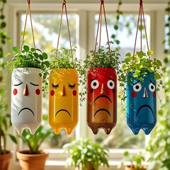 Four sad face planters made from recycled plastic bottles