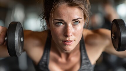 Fit woman working out with dumbbells at the gym demonstrating dedication to wellness and physical strength training
