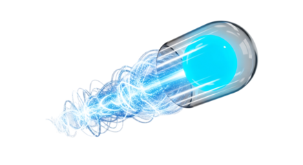 Glowing blue energy sphere exiting a transparent capsule with swirling light trails, isolated on a transparent background, cutout, PNG