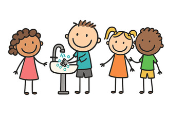 Happy diverse children practicing handwashing hygiene at a sink