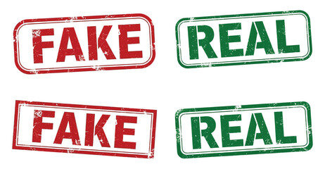 Grunge Style Stamps Featuring Fake in Red and Real in Green on White