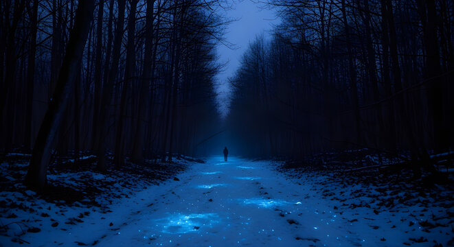 Mysterious blue light illuminates a snow covered forest path at dusk - Powered by Adobe