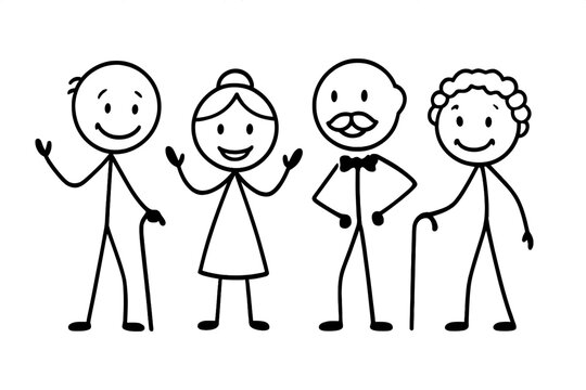 Happy stick figure group representing elderly people and family members