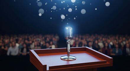 Spotlight shines on a vintage microphone on a podium, awaiting a speaker in front of a large audience