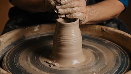 A person shaping pottery on a spinning wheel. The scene captures the artistry and craftsmanship involved in creating a clay vessel.
