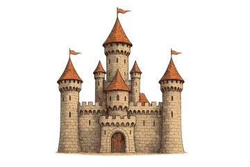 Fototapeta premium Stone medieval castle with multiple towers and conical orange roofs