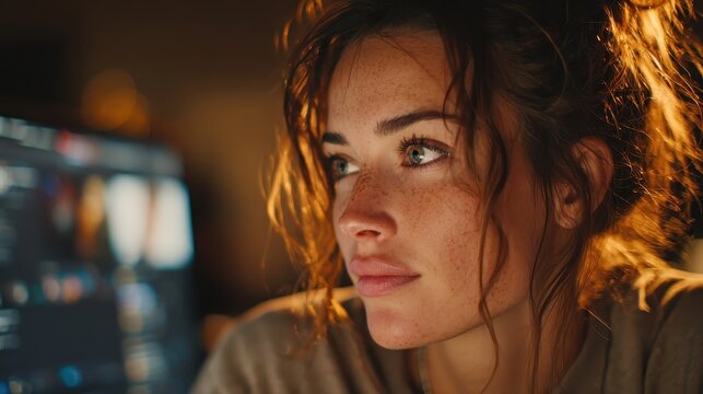 Young woman with freckles looks thoughtful while viewing stock market data on computer