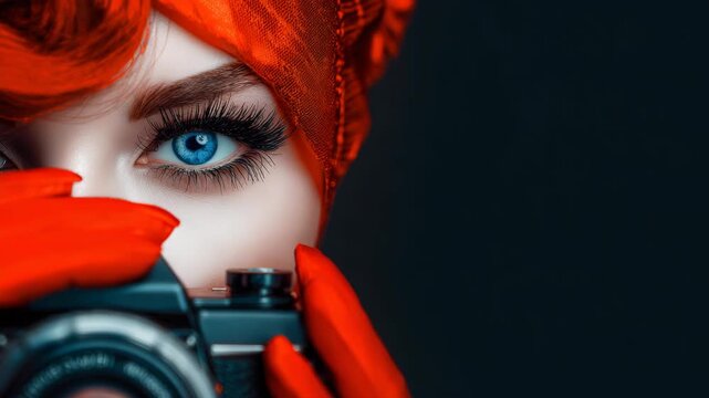 Woman with striking blue eyes and red gloves holds a camera against a dark background while looking directly at the viewer