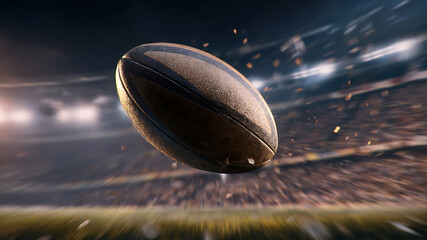Classic leather rugby ball flying through the air in a packed stadium at night.