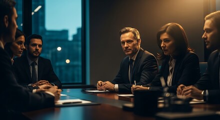 Serious Boardroom Meeting Professionals Engaged in Strategic Discussion at a Conference Table