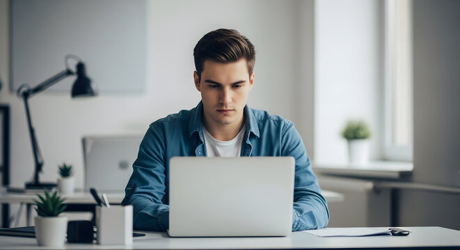 Focused Professional at Work: A concentrated individual diligently works on a laptop at a modern workspace, symbolizing productivity and dedication.