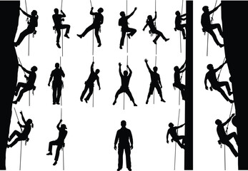 Set of rock climbing silhouettes, collection of climbers on cliffs, rappelling, and rope climbing, adventure sport figures, isolated on white.