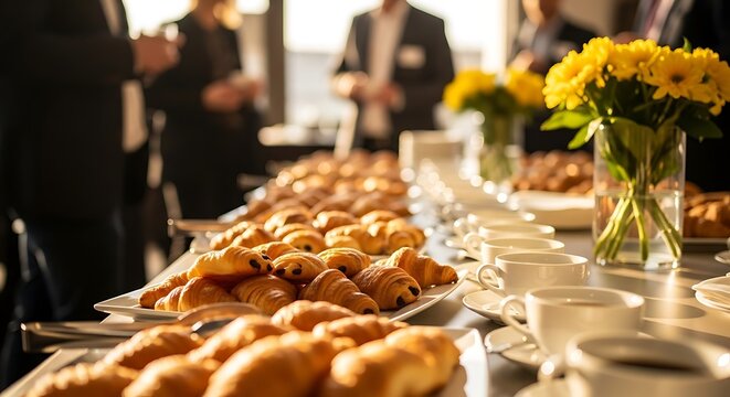 Breakfast at a business conference with croissants, coffee, and yellow flowers