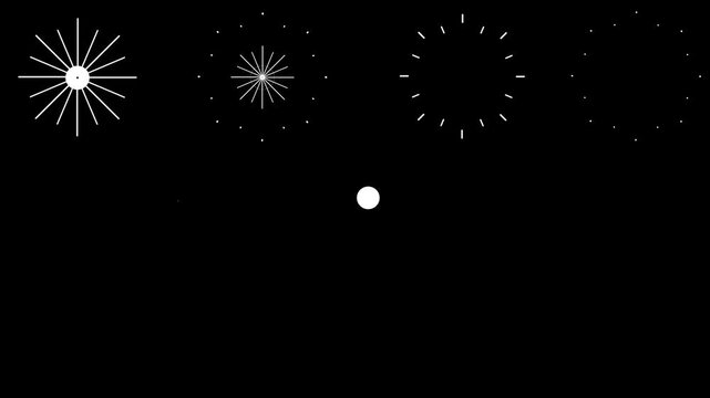 Energetic circle pop up firework animation featuring bright line bursts, glowing spark trails and geometric explosion patterns illuminating a black background in a smooth and detailed 4K loop.