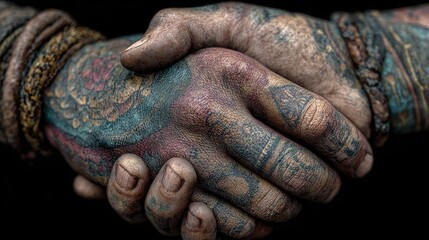 Close-up of tattoo covered hands shaking, symbolizing deal making in stock market, signifying partnership agreement and financial success