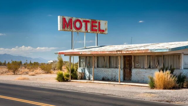 Abandoned motel along a highway in a desert landscape during clear daylight