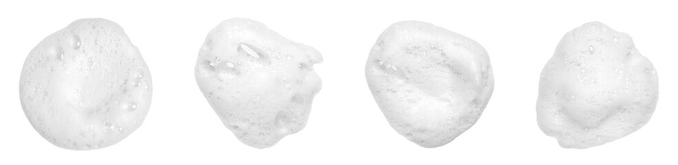 Isolated foam soap bubbles on white background, showing soft clean texture for skincare, cosmetic products, hygiene concepts, advertising design, and cleaning product visuals.
