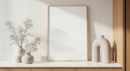 Cozy home decor mockup featuring a blank frame and delicate flowers in a warm setting